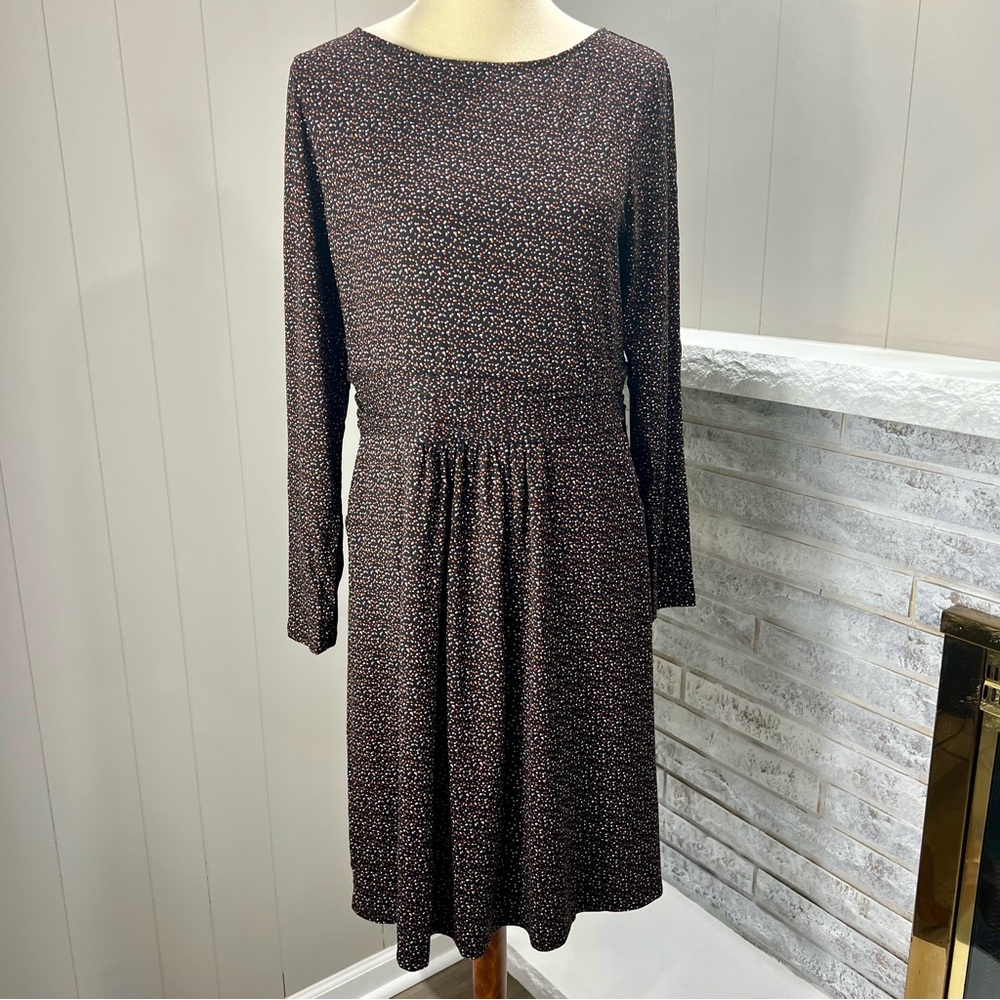 Boden Abigail Jersey Scoop Neck Black Brown Confetti Dot Career Dress 12 NWT